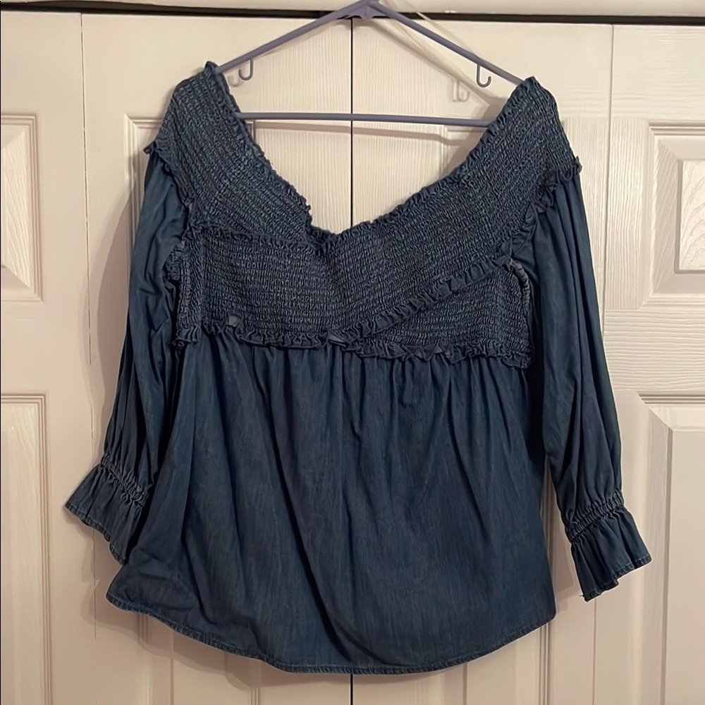 Women's INC Denim Smocked Top